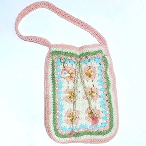 Handcrafted Granny Square Rainbow Charm Crochet Shoulder Bag - Pink, Green